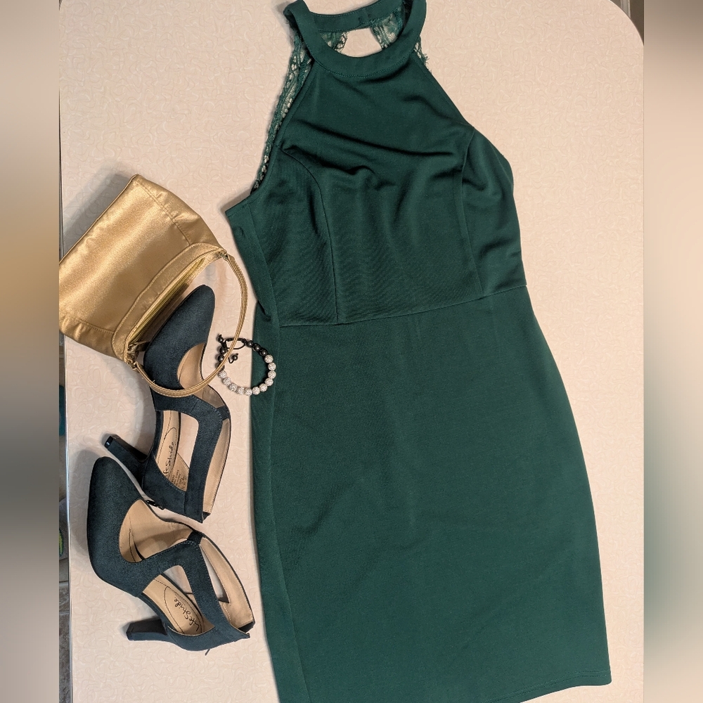 Lyrur Brand hunter green sleeveless mini halter with lace dress US 6